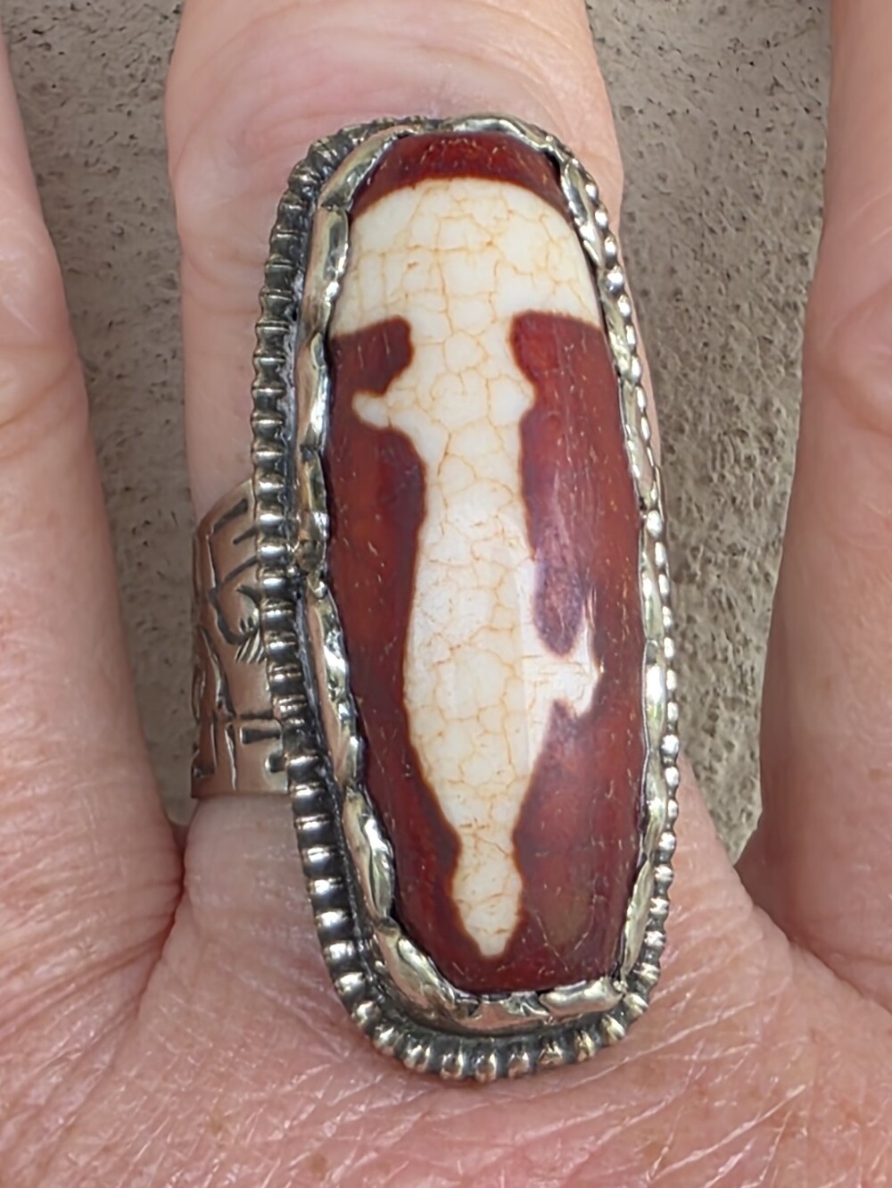 Snakeskin Jasper Gemstone Ring In Carved Tibetan Silver (Adjustable)